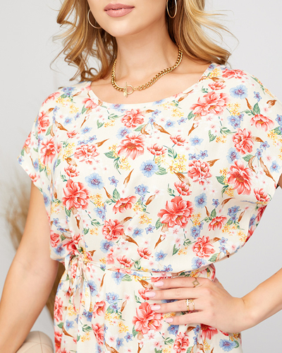 Rochie simplă de damă bej cu model floral - Îmbrăcăminte