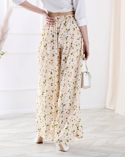 Pantaloni din țesătură florală bej pentru femei - Îmbrăcăminte