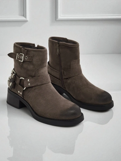 Botine de damă din piele ecologică întoarsă cu catarame Valtos