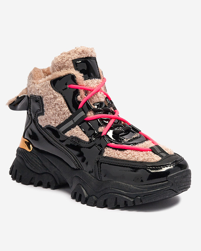 Pantofi sport de damă negri cu blană și șireturi roz neon Adbo- Footwear