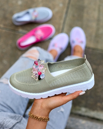 Royalfashion Mocasini din stofă kaki pentru femei cu cristale Fezens