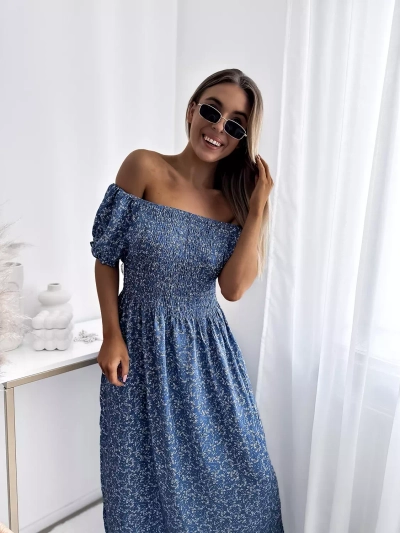 Rochie midi cu flori de culoare albastră pentru femei - Îmbrăcăminte