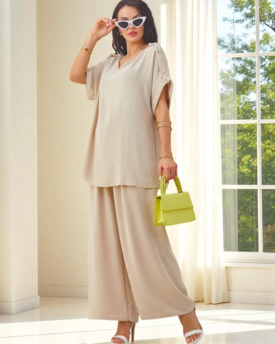 Royalfashion Set de bumbac pentru femei cu mâneci scurte și pantaloni evazați