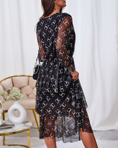 Royalfashion Rochie midi neagră din plasă cu imprimeu