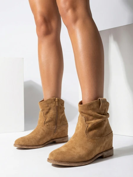 Botki Damskie Athena Camel Skórzane Zamszowe Eleganckie
