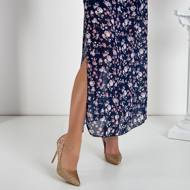 Fustă lungă albastru marin cu model floral - Îmbrăcăminte