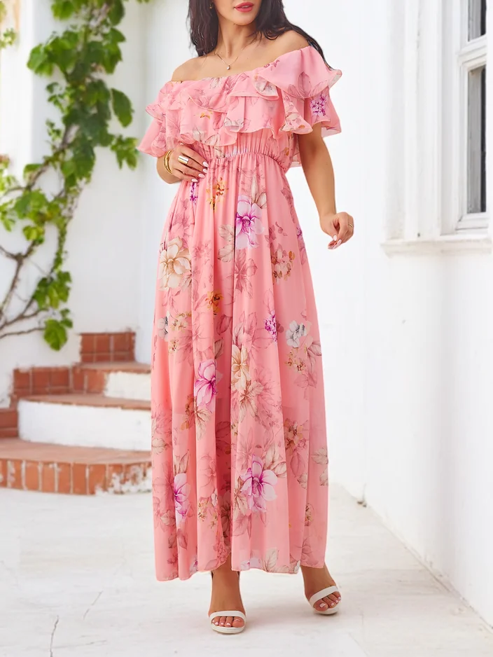 Rochie off-the-shoulder pentru femei cu mâneci scurte în flori asortate