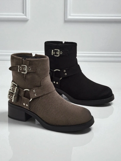 Botine de damă din piele ecologică întoarsă cu catarame Valtos