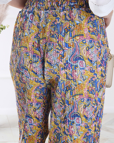 Pantaloni de damă cu model cu picioare largi, de culoare galbenă- Îmbrăcăminte