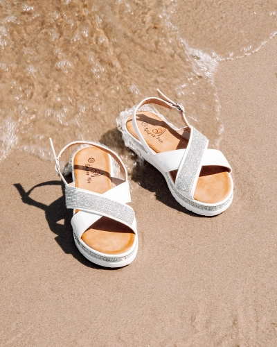 Royalfashion Sandale albe de damă din piele ecologică cu zirconii Trikys