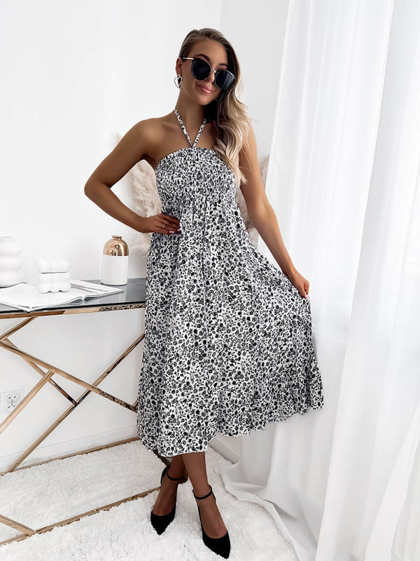 Rochie midi cu imprimeu alb și negru pentru femei PLUS SIZE- Îmbrăcăminte