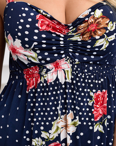 Rochie midi de dama bleumarin cu bretele cu buline - Imbracaminte