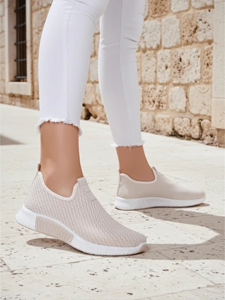 Sneakers dama bej Eulalia Slip-On toc plat material textil vară primăvară