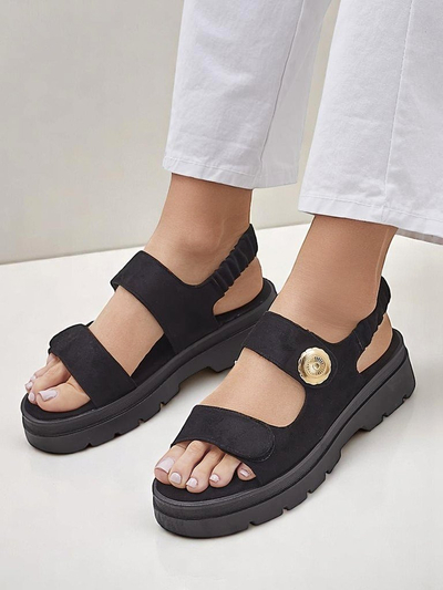 Sandale damă Royalfashion Anthea Nero – piele de căprioară neagră, platformă 5 cm