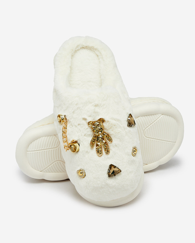 Royalfashion Papuci de blană de damă albi cu ornamente Erserra