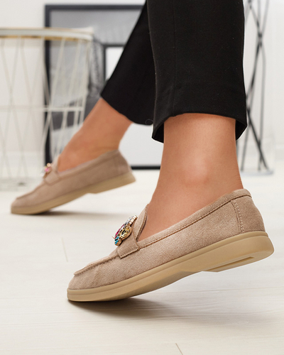 Mocasini pentru femei din piele de căprioară ecologică maro deschis cu cristale decorative Nellens- Footwear