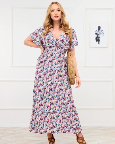 Rochie maxi florală pentru femei, albastră și roz - Îmbrăcăminte