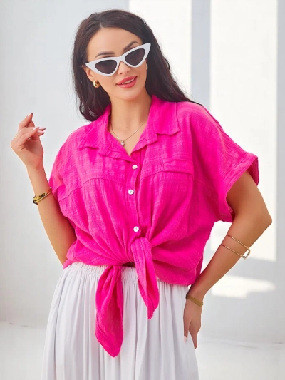 Cămașă din bumbac pentru femei Royalfashion cu embosare și mâneci scurte