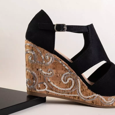 OUTLET Sandale cu paie de dama negre cu paiete Terou - Incaltaminte