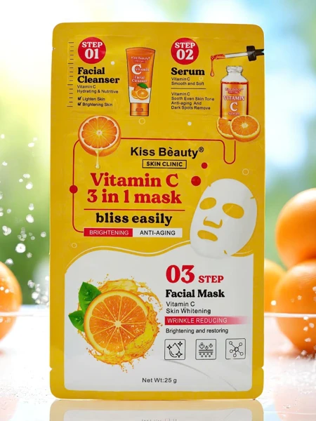 mască 3-în-1 – 1 curățarea feței, 2 ser, 3 mască iluminatoare cu Vitamina C