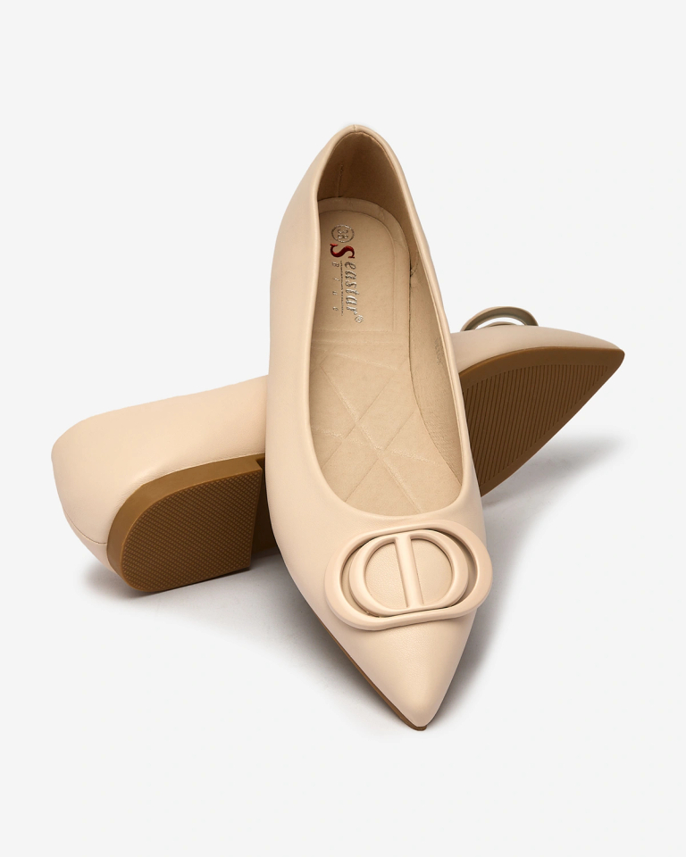 Royalfashion Balerini cu vârf ascuțit de damă, crem, cu ornament pe nas Manixy