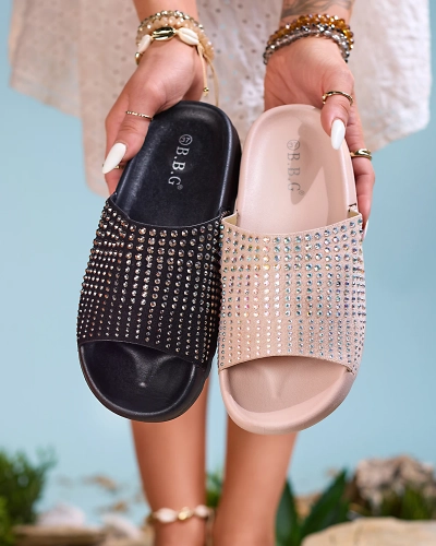 Royalfashion Șlapi de damă negri cu zirconii Lesixa