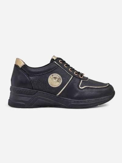 Damskie sneakersy koturny Callista Nero skóra ekologiczna czarne