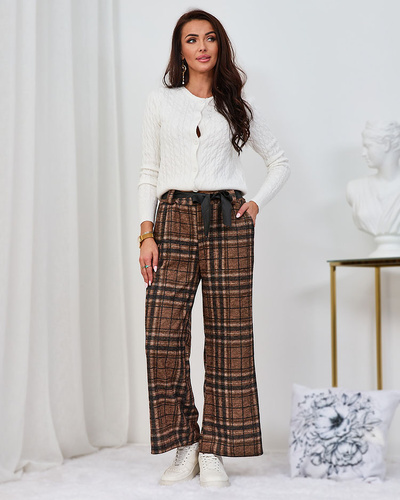 Royalfashion Camel Pantaloni largi pentru femei cu carouri