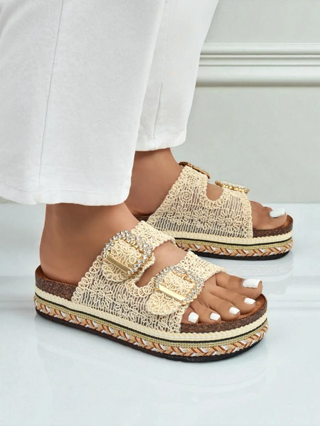 Royalfashion Saboti de damă cu catarame cu strasuri GlamCork