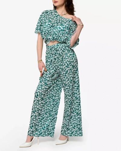 Set de damă plisat verde cu flori negre - Îmbrăcăminte