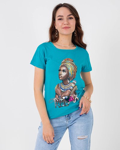 Tricou de dama albastru cu imprimeu colorat si paiete - Imbracaminte