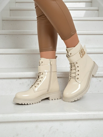 Beige Ariadne ankle boots made of ecological leather with a zipper, round toe stylish