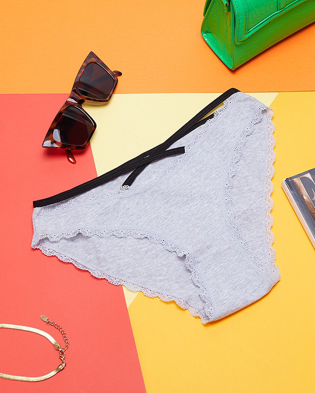 Chiloți gri de damă cu dantelă și dungi - Lenjerie intimă