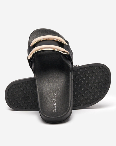 OUTLET Papuci de dama negri cu ornament auriu Serina - Incaltaminte