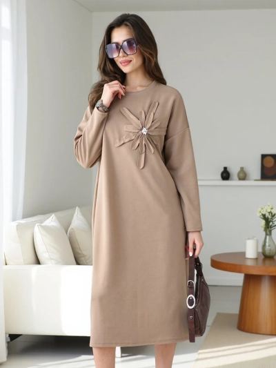 Royalfashion Rochie midi pentru femei din material supradimensionat cu o floare