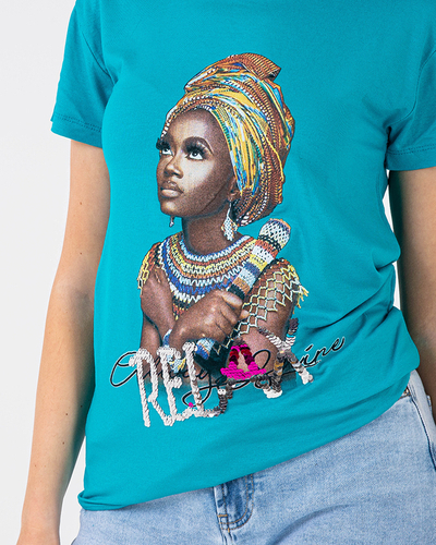 Tricou de dama albastru cu imprimeu colorat si paiete - Imbracaminte