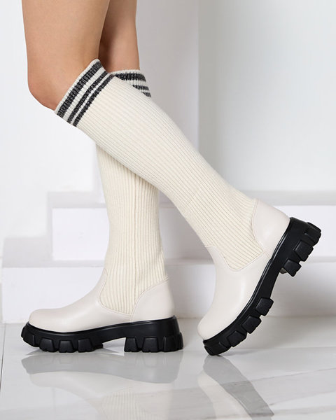 Cizme înalte de damă cu șiret în culoare ecru Alerpi- Footwear