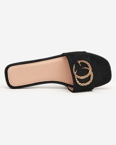 Papuci negri din piele intoarsa ecologica cu ornament Hana auriu - Incaltaminte