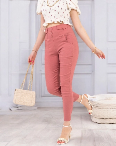 Treggings de damă roz cu nasturi - Îmbrăcăminte