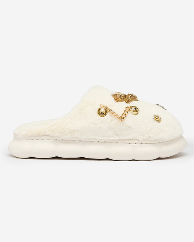 Royalfashion Papuci de blană de damă albi cu ornamente Erserra