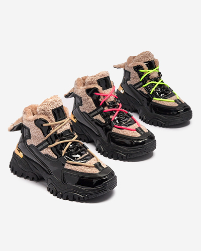 Pantofi sport de damă negri cu blană și șireturi galben neon Adbo- Footwear