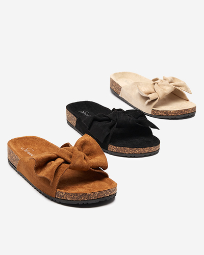 Papuci dama din piele intoarsa ecologica cu fundita in culoarea camel Dofro- Incaltaminte