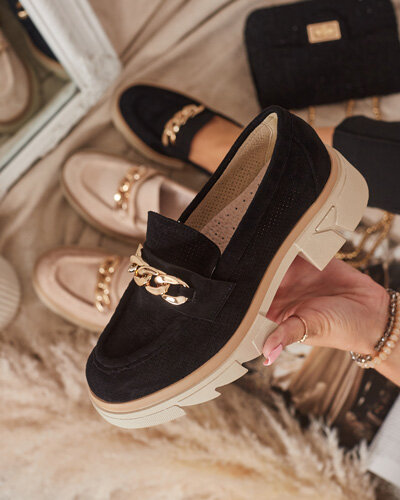 Mocasini din piele ecologică cu ornament auriu, negri Zaffix- Footwear