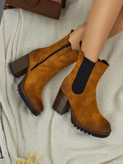 Botine de damă Soreya din piele ecologică intoarsă cu toc gros