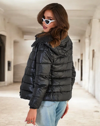 Royalfashion Jachetă matlasată neagră pentru femei cu glugă