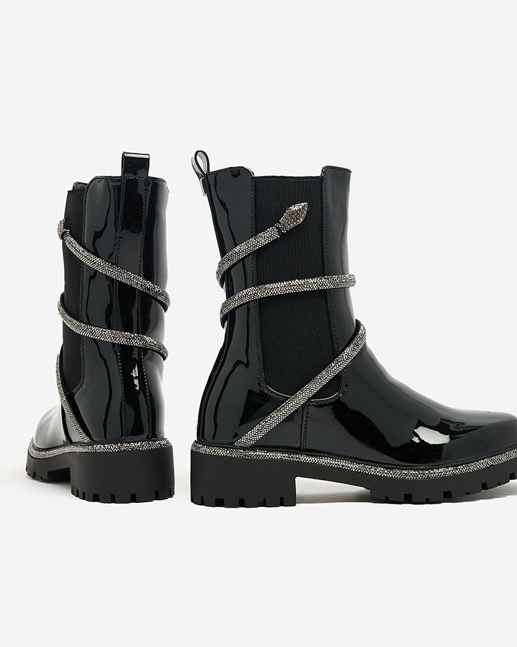 Royalfashion Cizme negre lăcuite pentru femei cu ornament la modă Frosty Glam