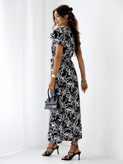 Royalfashion Rochie midi de damă cu model, mâneci scurte, decolteu petrecut și curea