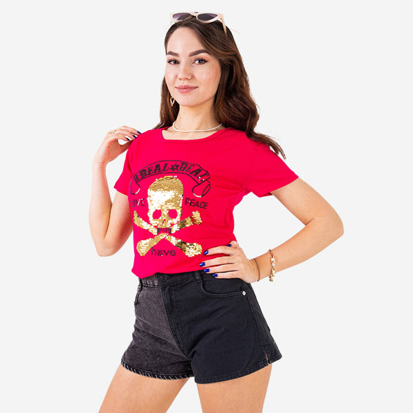 Tricou damă fucsia din paiete cu inscripții - Îmbrăcăminte