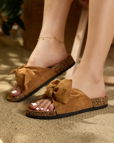 OUTLET Papuci dama din piele intoarsa ecologica cu fundita camel Xeria - Incaltaminte