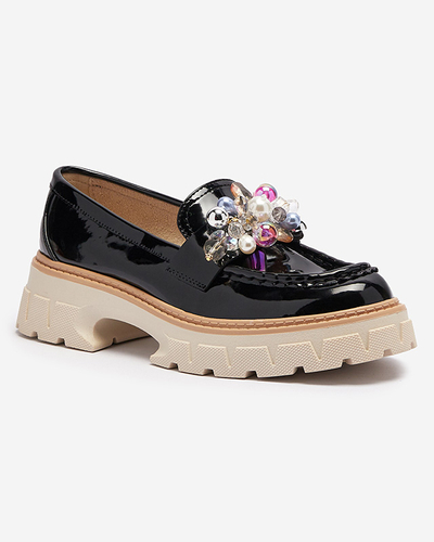 Mocasini de damă lăcuiți negri cu ornament Leliab- Footwear